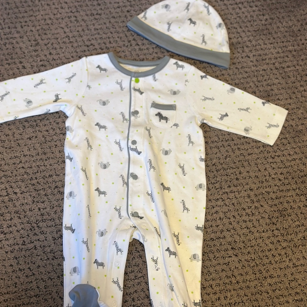 Little Me Gray and White Footie with different animals and matching hat